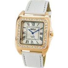 Retro Square Stainless Steel Crystal Inlayed Leather Band Women's Watch (White) - Leather - White