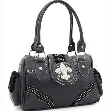 Rhinestone Fleur de Lis Shoulder Handbag w/ Croco Trim - Black