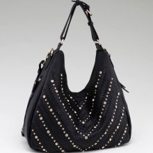 Rhinestone Studded Fashion Hobo W/ Weave Textured Front - Black