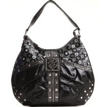 Rocawear Women Ruched Zipper Trim Signature Hobo Black