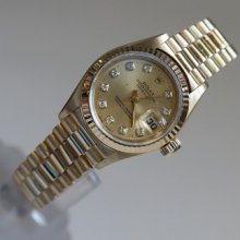 Rolex 18k Yellow Gold Ladies Datejust 69178 Factory Diamond Dial