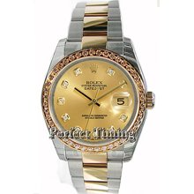 Rolex Datejust Men's Unused Heavy Oyster Band/Flip-Lock Clasp Model 116233 w/ Custom Bead Set Diamond Bezel and Champagne Di