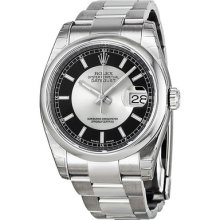 Rolex Datejust Rhodium Center Black Roman Index Dial Oyster Bracelet Mens Watch