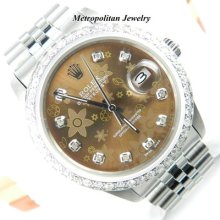 Rolex Men Datejust 16030 With 18k White Gold Diamond Bezel And Brown Flower Dial