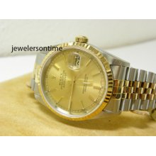 Rolex Men's 18k/ss Datejust Gold Stick Dial. No Holes Case. Ref 16233 Warranty