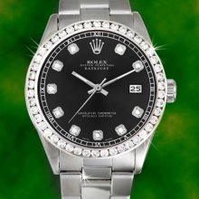 Rolex Mens Datejust Diamond Bezel Ss Stainless Steel Oyster Black Date Watch