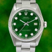 Rolex Mens Diamond Datejust Ss Stainless Steel Oyster Perpetual Green Date Watch