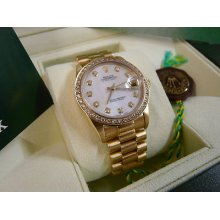 Rolex Mid Size 18ct Gold White Diamond Dial & Diamond Bezel.