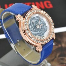 Rose Flower Pattern Leather Quartz Crystal Rhinestone Lady Wrist Watch Dark Blue