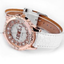 Rose Gold Case Bling Crystal Lady Girl White Leather Bracelet Quartz Watch Usts