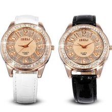 Rose Golden Case Bling Crystal Women Lady Girl Analog Leather Quartz Watch Gift