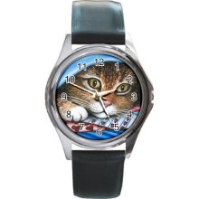 Round Metal Wrist Watch art painting Cat 258