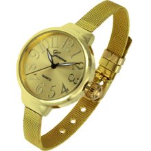 Round Shape Gold Tone Metal Big Arabic Numbers Dial Mesh Band Bracelet Big Watch