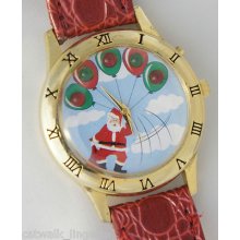 Santa Christmas Unisex Watch Burgundy Leather Strap Gold Tone Case