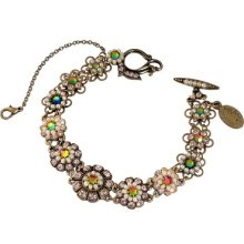 Seducting Bracelet By Michal Negrin W Flower Details; Beige, Green Blue Crystals