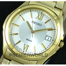 Seiko Men Date Gold Tone Roman Watch 50m Sgef24p1