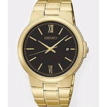 Seiko Sgeg48 Mens Gold-tone Stainless Steel Black Dial With Date Nwb