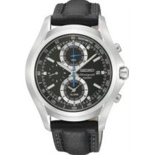 Seiko SNAE85 Mens Stainless Steel Case Alarm Chronograph Black Dial Black Leather Strap