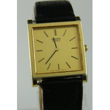 Seiko Square Gold Tone Face /leather Band Watch Battery 7800-5219