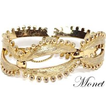 Signed Monet Vintage Textured Gold Tone 5 Link Bracelet