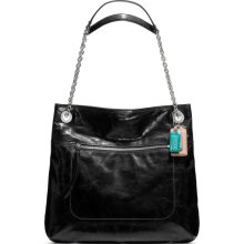 Silver / Black COACH Poppy Leather Slim Tote - Handbags & Accessories