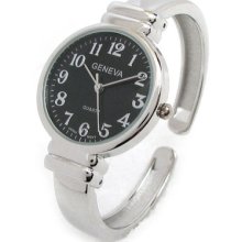 Silver Black Metal Band Slim Case Geneva Women's Bangle Cuff Watch