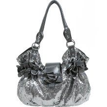 Silver Sequin Patent Leather Handbag With Rosettes (HB01742)