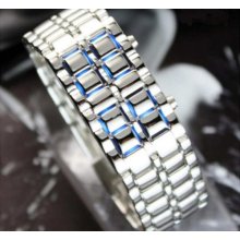 Silver Stainless Steel Blue RED Digital Unsex Bracelet Watch