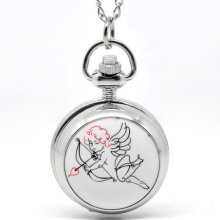 Silver Tone Necklace Enamel Cupid Quartz Pocket Watch