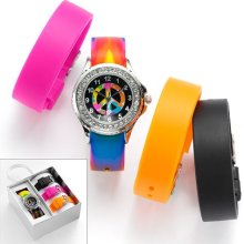 Silver Tone Simulated Crystal Peace Sign Watch Set - Women