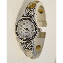 Silvertone W/ Stones Cuff Quartz Japan Movement Womens Wrist Watch