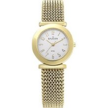 Skagen Gold Tone Stretch Mesh Watch Classic Quartz Movement Mineral Crystal