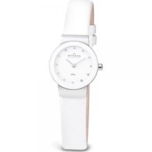 Skagen Ladies Watch 358Xsslww With White Leather Strap And White Dial