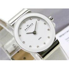 Skagen White Crystal Glitz Dial Leather Band 358xsslww