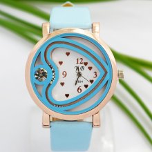 Sky Blue Crystal Newest Design Heart Shape Lady Wrist Watch Leather Girl Quartz