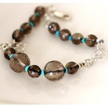 smokey quartz big bead bracelet/ sleeping beauty turquoise /handmade jewelry by girlthree