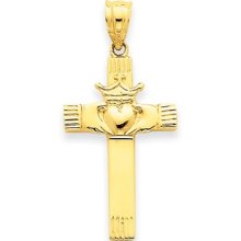 Solid 14k Yellow Gold Claddagh Cross Pendant 25 X 16 Mm Made In Usa