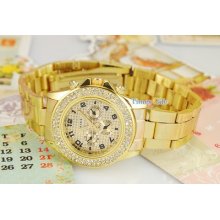 Sparkling Lady Golden Steel Watch Women Crystal 3-deco Subdial Quartz Newest A