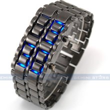 Sport Boys Iron Men Metallic Black Bracelet Blue Lava Led Digital Wrist Watch