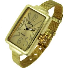 Square Shape Gold Tone Metal Arabic Number Dial Mesh Band Bracelet Big Watch