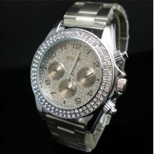 Stainless Steel Rose Gold Dial Rhinestone Crystal Mens Ladies Wrist Watch