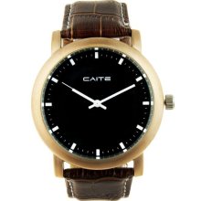 Stainless Steel Round Dial Leather Band Wrist Watch (Black Dial) - Stainless Steel - Brown