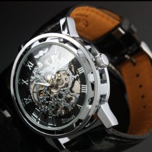 Steampunk Mens gear watch, Silver with black synthetic leather band. Very elegant. SUPER SALE