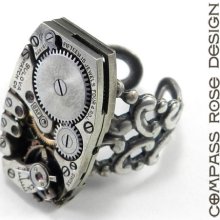 Steampunk Ring - Soldered Silver Clockwork Vintage Mechanical Watch Ring - Mens or Womens - Silver