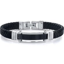 Steel ID-style Bracelet with Braided Leather Strap SB3370