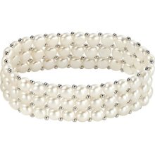 Sterling Silver Wide White Freshwater Pearl Beads Stretch Bracelet Gift Boxed