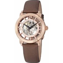 Stuhrling Original 156.124T14 Womens Automaticandamp;#44; Rose Gold Case and Skeleton Dial on Brown Satin Strap