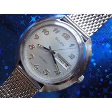 Stunning Vintage 1973 Mans Bulova Automatic, Day&date,original Silver Dial