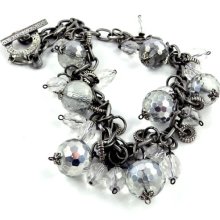 Stylish charm necklace. Metal chain, sparkle glass, oval crystal beads. By BrandFaina.