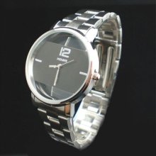 Super Cool Stainless Steel Band Black Face Mens Lady Quartz Wrist Watch